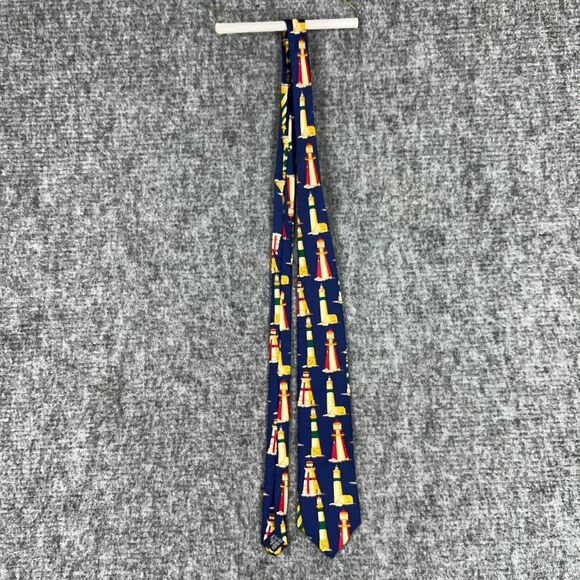 Lands End Tie Mens Long Blue Lighthouse Boating Dock Club Preppy Resort USA Made - Picture 2 of 9